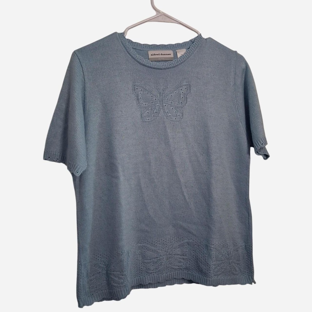 Alfred Dunner Blue Butterfly Pointelle Knit Short Sleeve Sweater Petite XL PXL